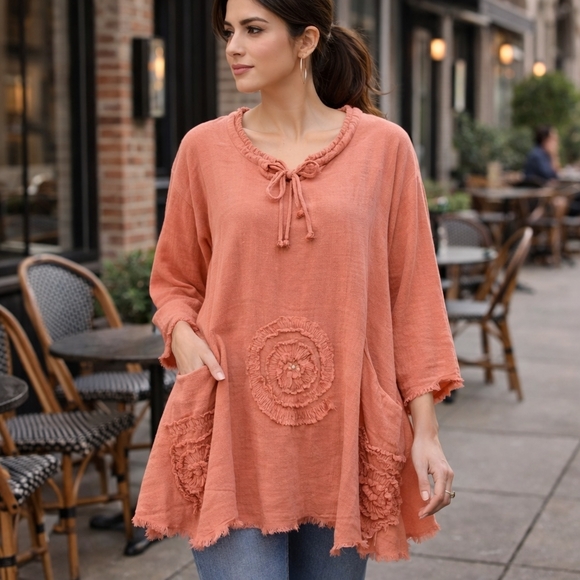Oh My Gauze Cotton Peach Tunic Top Peach Boho Xl - Picture 2 of 5